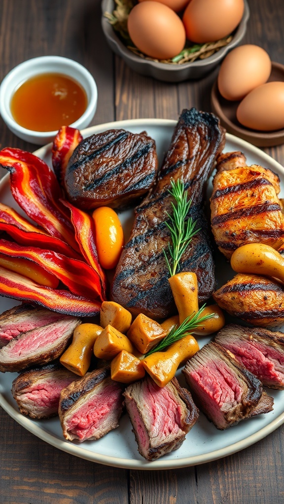 Carnivore Keto Diet Guide A selection of meats including steak, bacon, and chicken on a wooden table with bone broth and eggs.